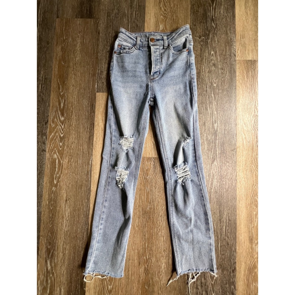 Vanilla Star Jeans Women Size 0 Light Blue Distressed High Rise Straight Leg